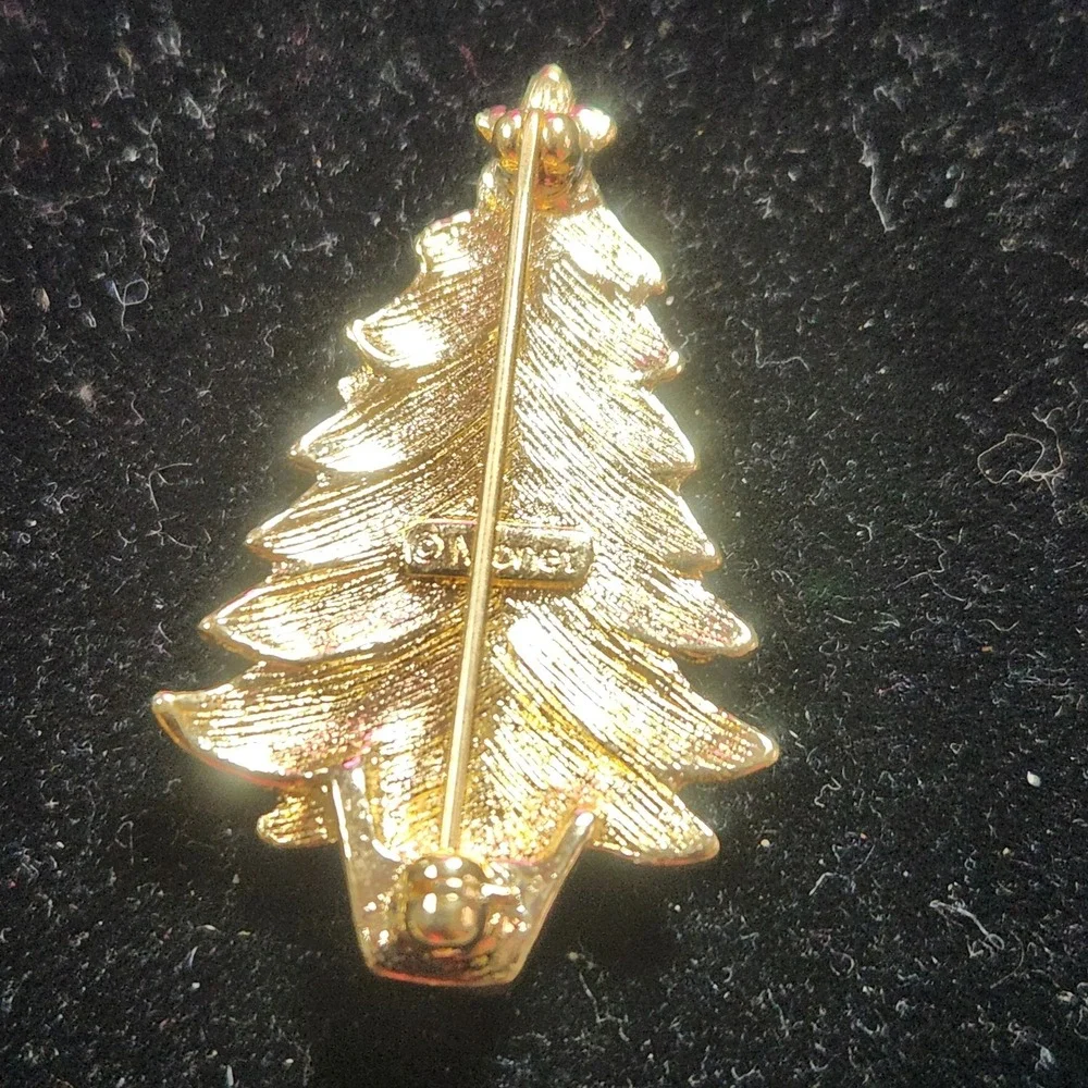 Vintage Monet Christmas Tree Brooch Gold Tone Multicolor Cabochon Holiday Pin